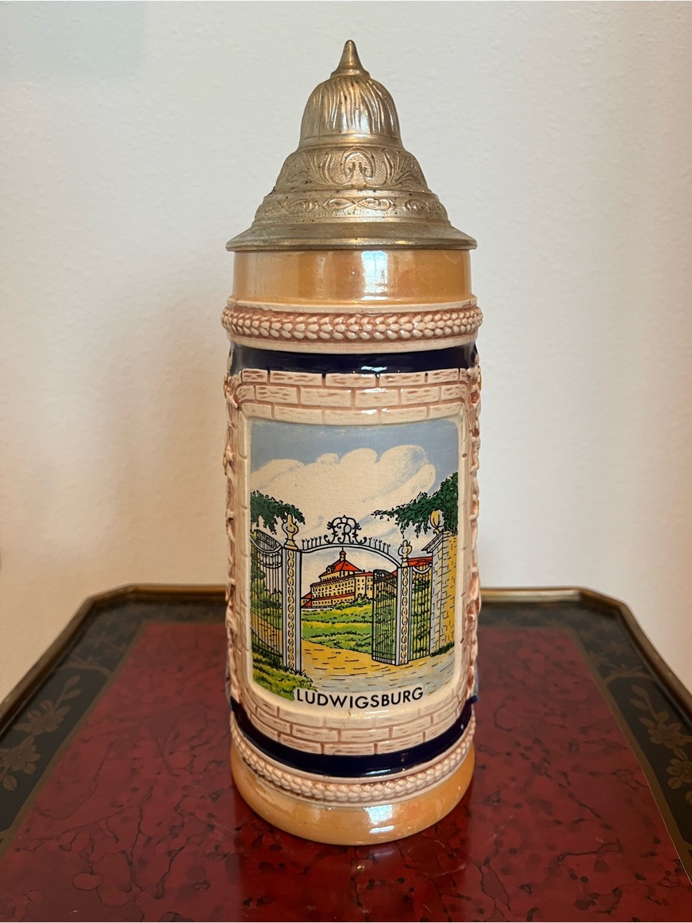 Ludwigsburg Germany hand painted numbered Vintage Ceramic Beer Stein with Pewter